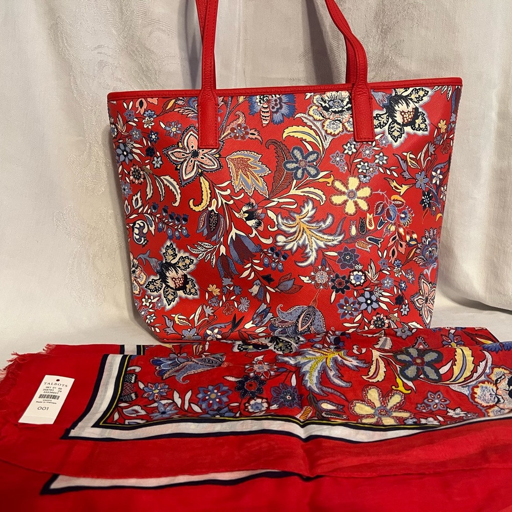 Talbots red floral tote bag with leather trim and handles and matching scarf